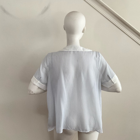 New ModCloth Button Front Short Sleeve Striped Blouse Semi Sheer Blue White 2X - Picture 2 of 8